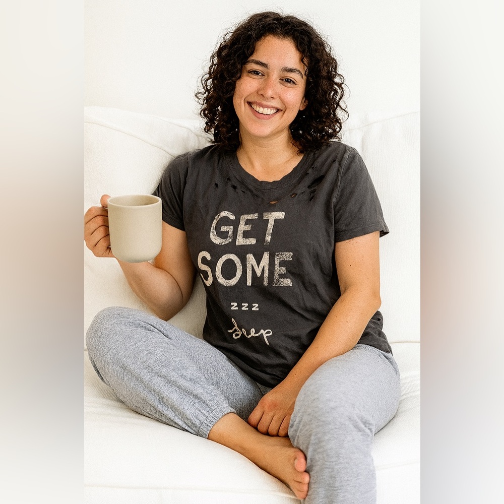 Scratch destroyed graphic tee; Get Some ZZZ  in slate gray NWOT Size S AR10